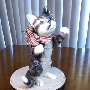 Adorable Gray and White Cat Figurine with Plaid Bow
